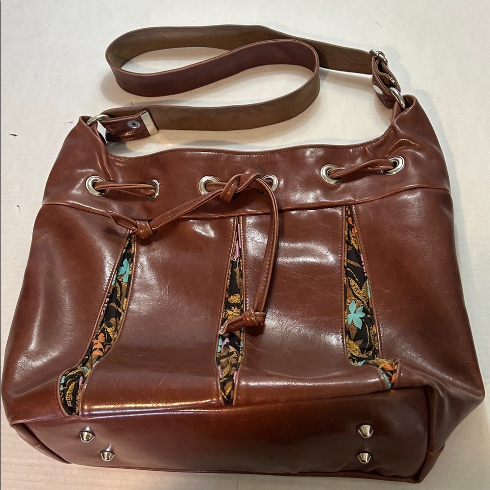 CRYSTALYN KAE SOIRREE BROWN DRAWSTRING TOTE WITH FABRIC INSERTS MADE IN USA